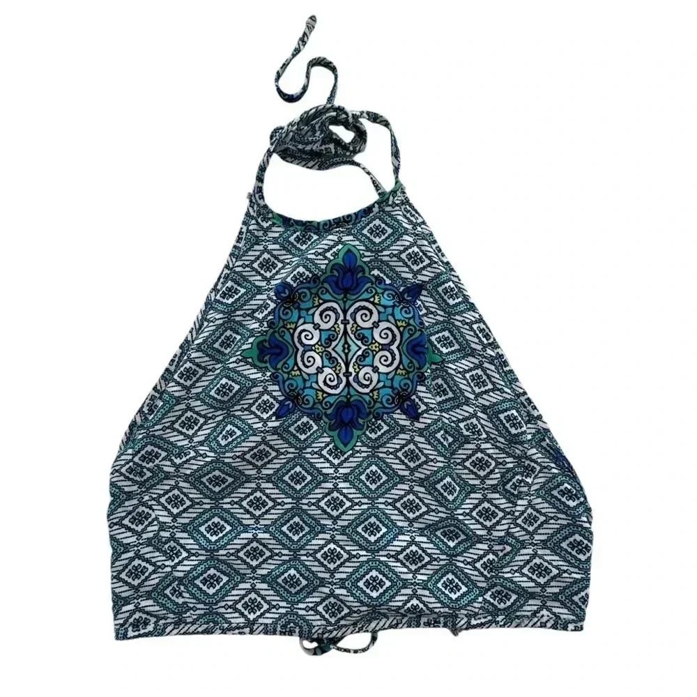 PacSun Blue and White geometric boho halter backless shirt Top Small
